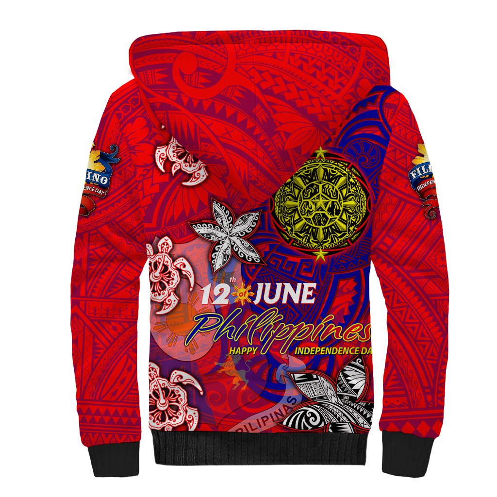 Personalized Philippines 12 June Independence Day Sherpa Hoodie Polynesian Turtle Plumeria