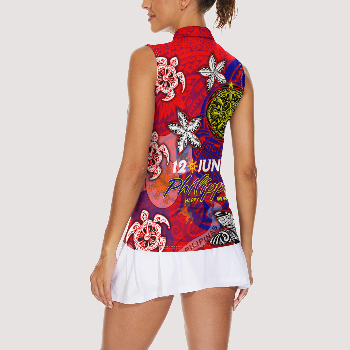 Personalized Philippines 12 June Independence Day Women Sleeveless Polo Shirt Polynesian Turtle Plumeria