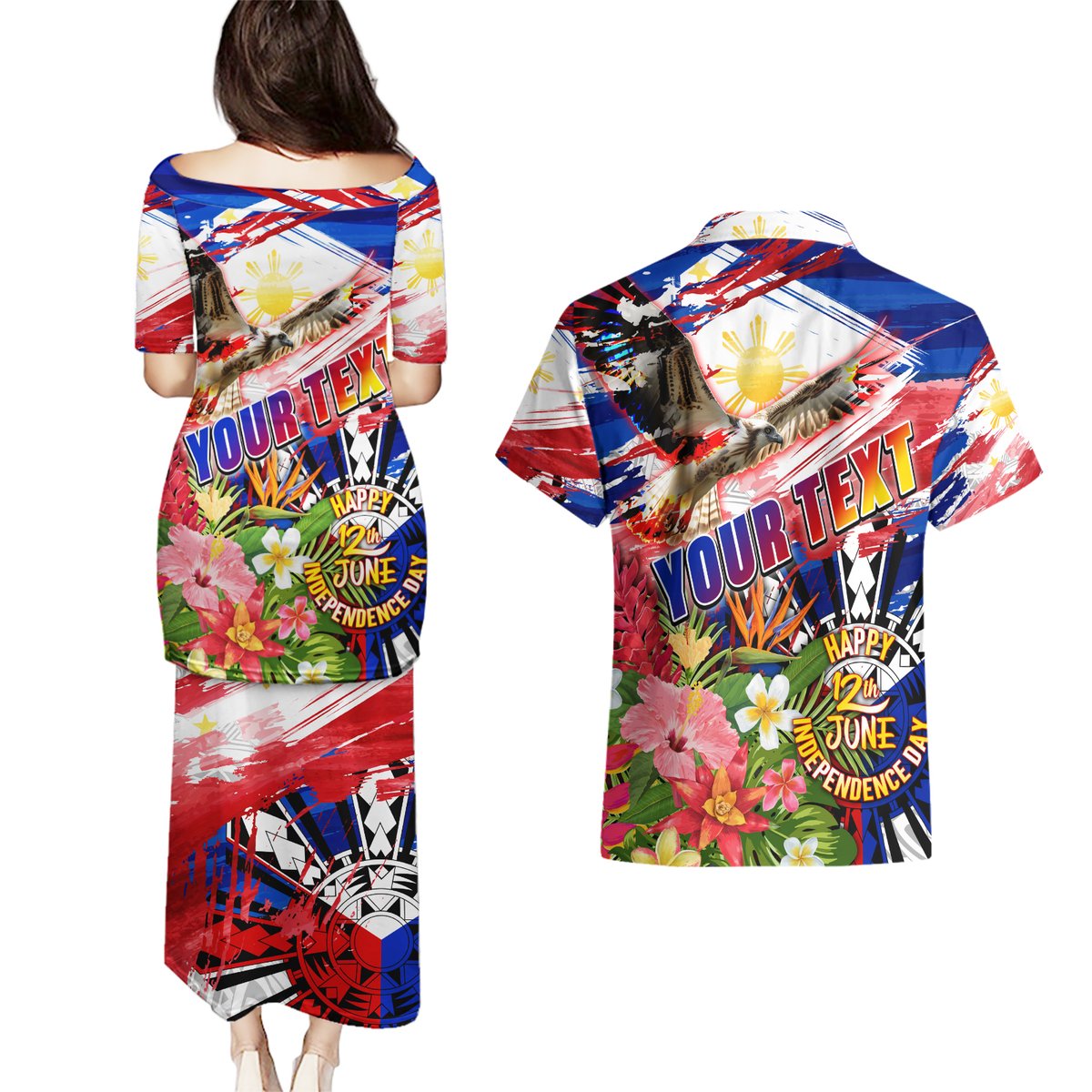 Personalized Philippines Independence Day Couples Matching Puletasi and Hawaiian Shirt Polynesia Filipinas Eagle Hibiscus