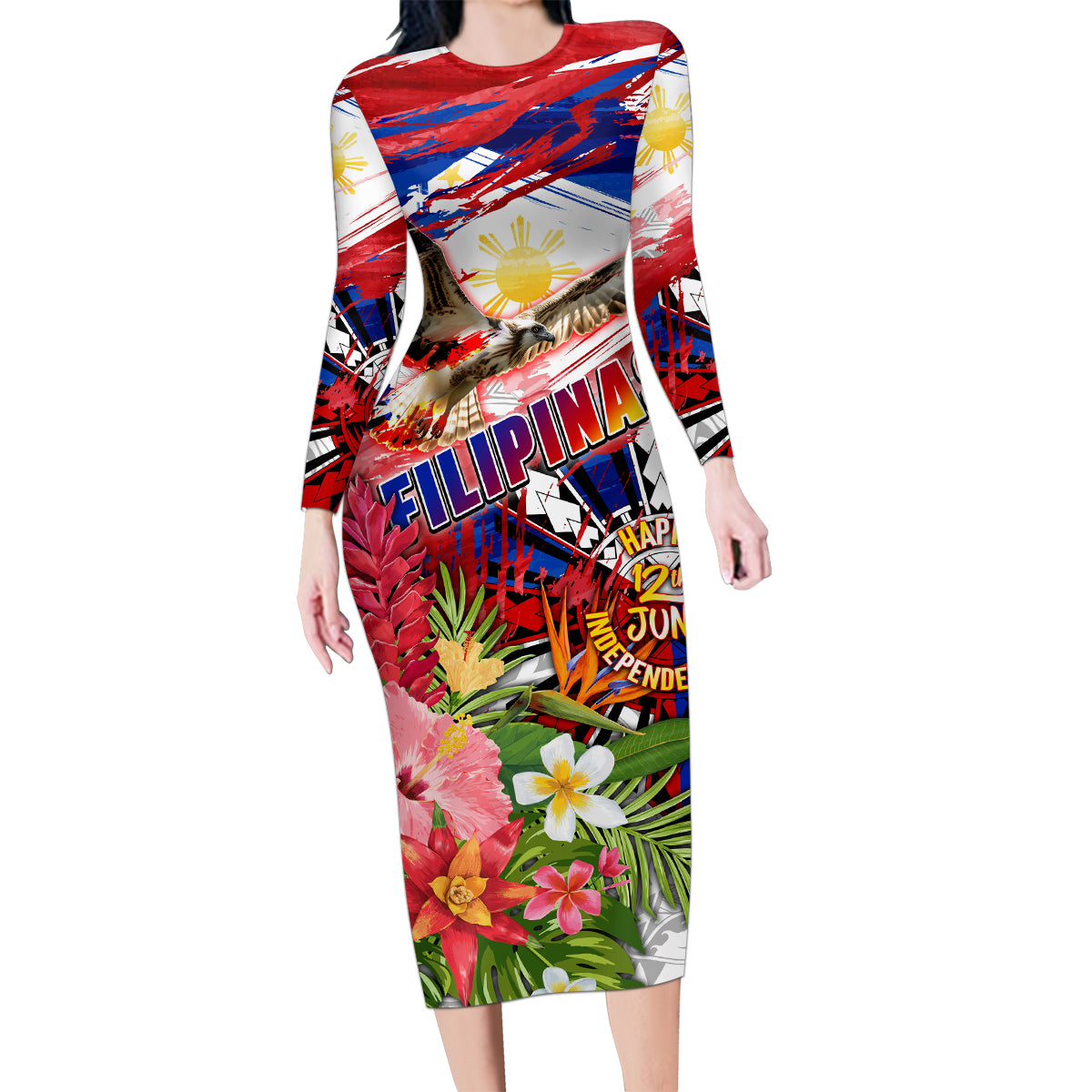Personalized Philippines Independence Day Family Matching Long Sleeve Bodycon Dress and Hawaiian Shirt Polynesia Filipinas Eagle Hibiscus DT02 Mom's Dress Blue - Polynesian Pride