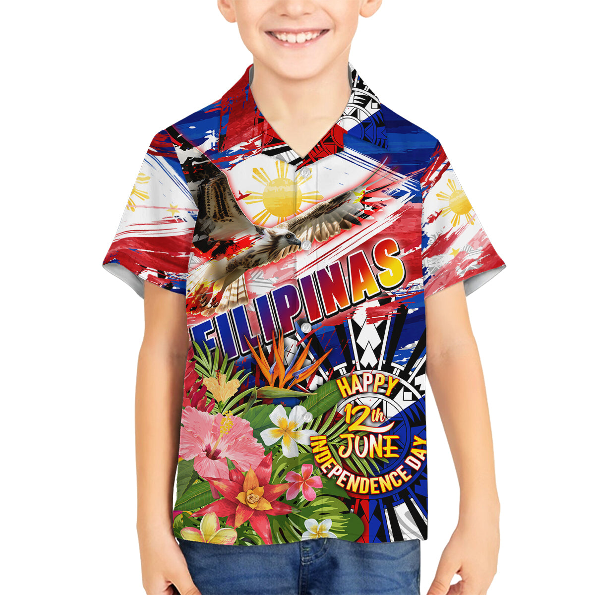 Personalized Philippines Independence Day Family Matching Long Sleeve Bodycon Dress and Hawaiian Shirt Polynesia Filipinas Eagle Hibiscus DT02 Son's Shirt Blue - Polynesian Pride