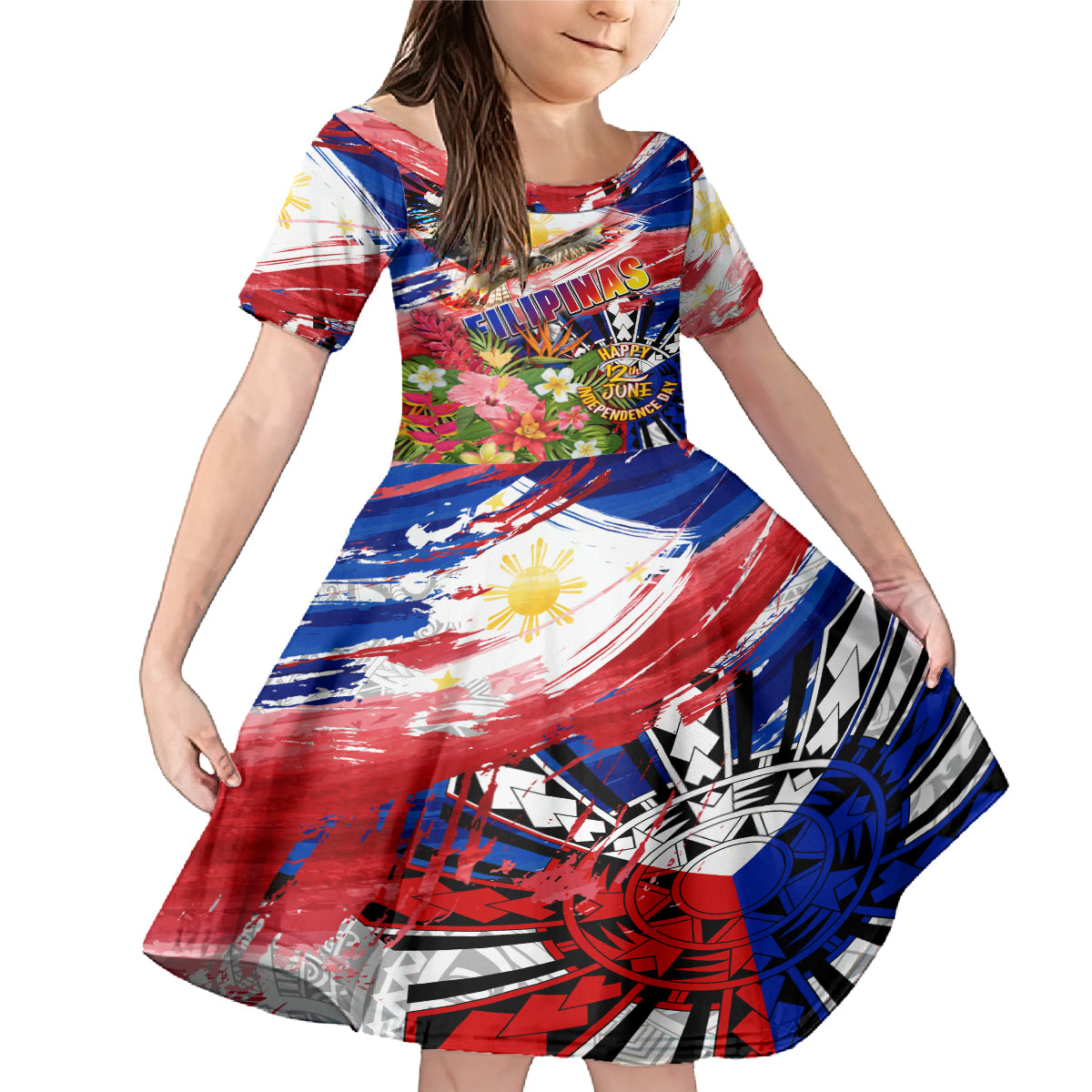 Personalized Philippines Independence Day Family Matching Mermaid Dress and Hawaiian Shirt Polynesia Filipinas Eagle Hibiscus DT02 Daughter's Dress Blue - Polynesian Pride