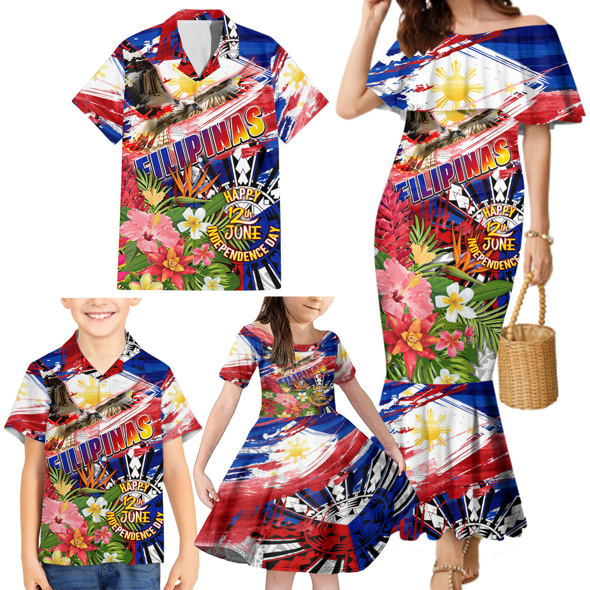 Personalized Philippines Independence Day Family Matching Mermaid Dress and Hawaiian Shirt Polynesia Filipinas Eagle Hibiscus DT02 - Polynesian Pride