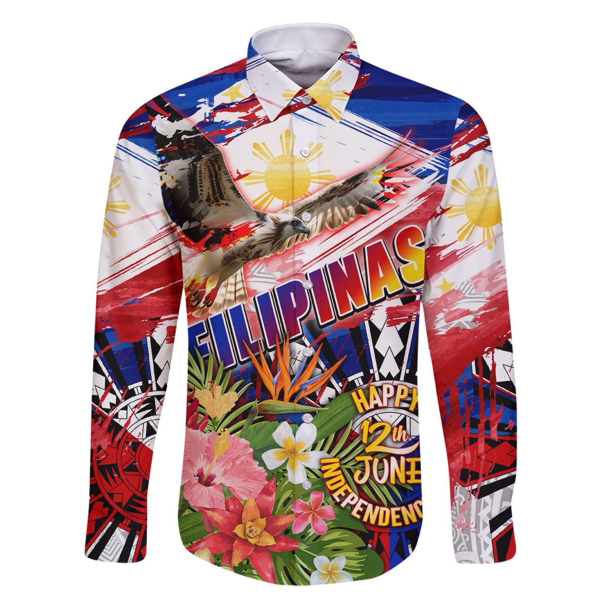 Personalized Philippines Independence Day Family Matching Mermaid Dress and Hawaiian Shirt Polynesia Filipinas Eagle Hibiscus DT02 Dad's Shirt - Long Sleeve Blue - Polynesian Pride
