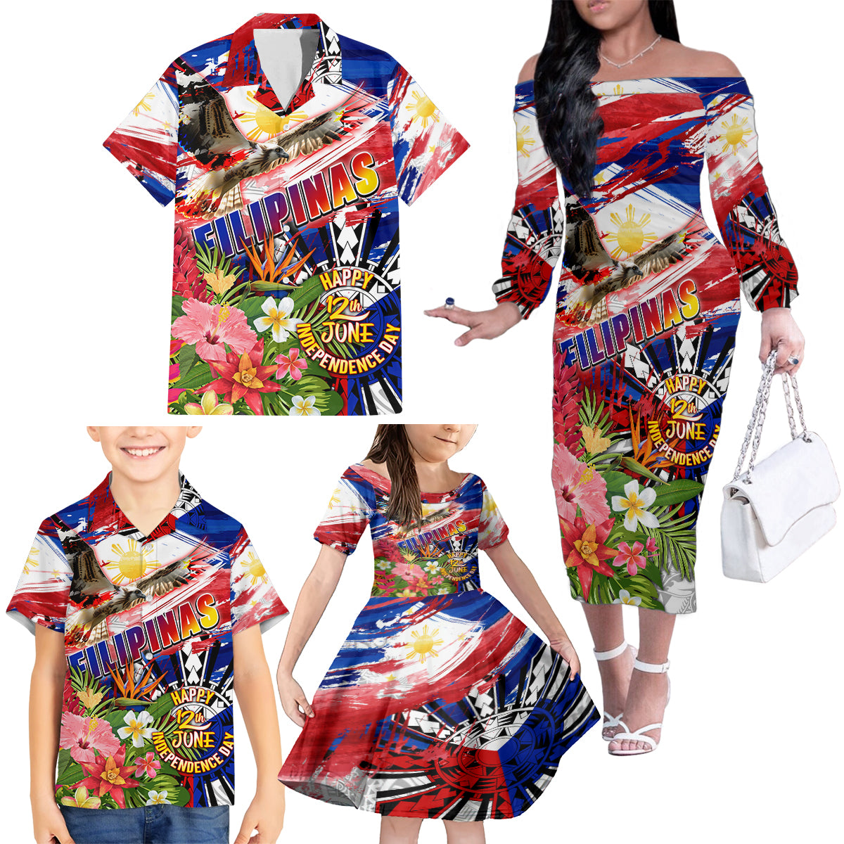 Personalized Philippines Independence Day Family Matching Off The Shoulder Long Sleeve Dress and Hawaiian Shirt Polynesia Filipinas Eagle Hibiscus DT02 - Polynesian Pride