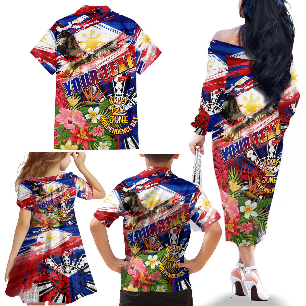 Personalized Philippines Independence Day Family Matching Off The Shoulder Long Sleeve Dress and Hawaiian Shirt Polynesia Filipinas Eagle Hibiscus DT02 - Polynesian Pride