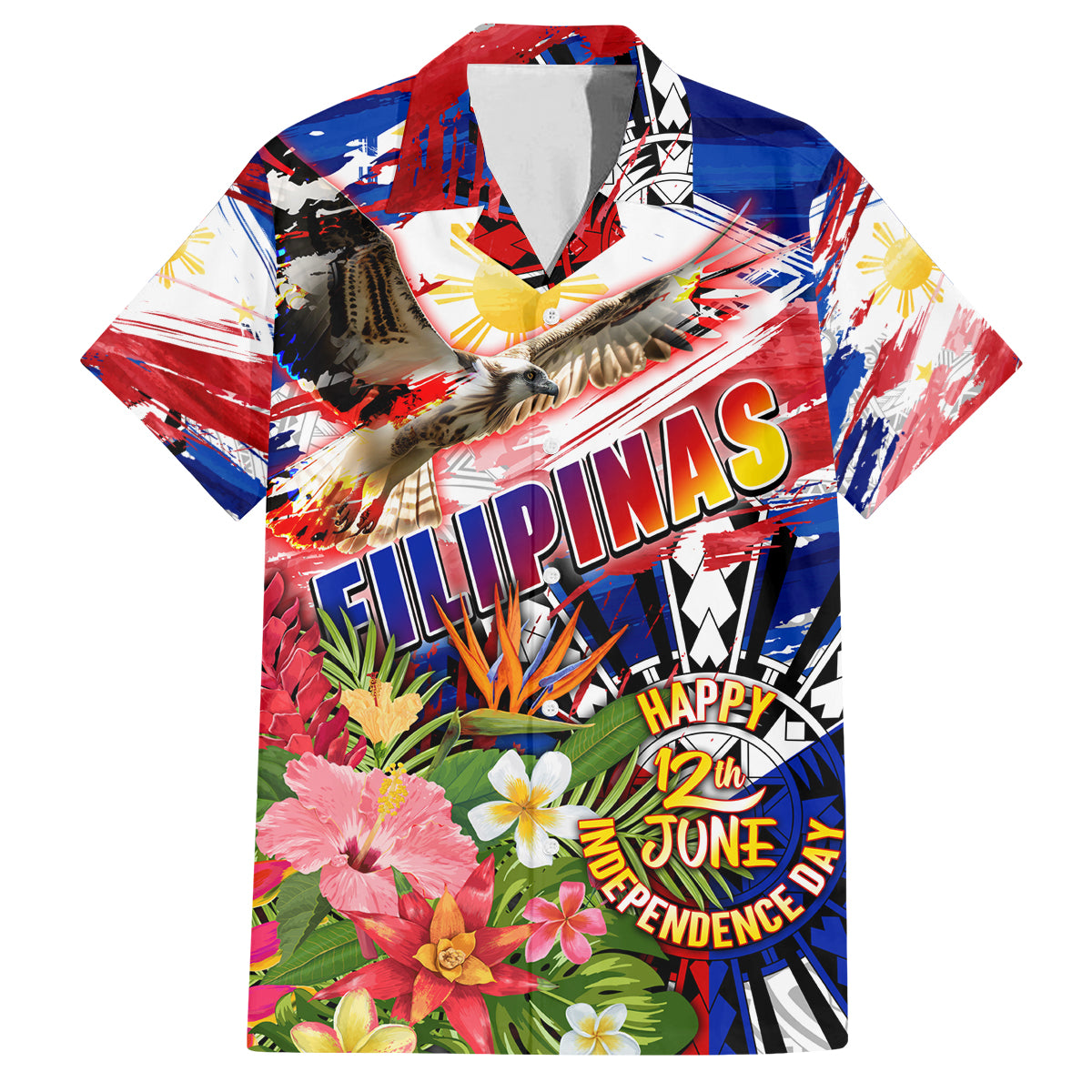 Personalized Philippines Independence Day Family Matching Off The Shoulder Long Sleeve Dress and Hawaiian Shirt Polynesia Filipinas Eagle Hibiscus DT02 Dad's Shirt - Short Sleeve Blue - Polynesian Pride