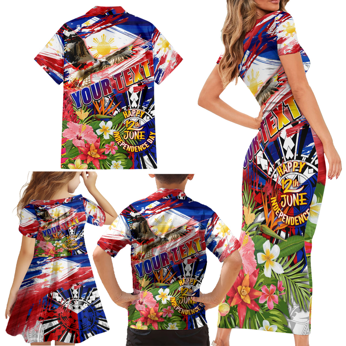 Personalized Philippines Independence Day Family Matching Short Sleeve Bodycon Dress and Hawaiian Shirt Polynesia Filipinas Eagle Hibiscus DT02 - Polynesian Pride