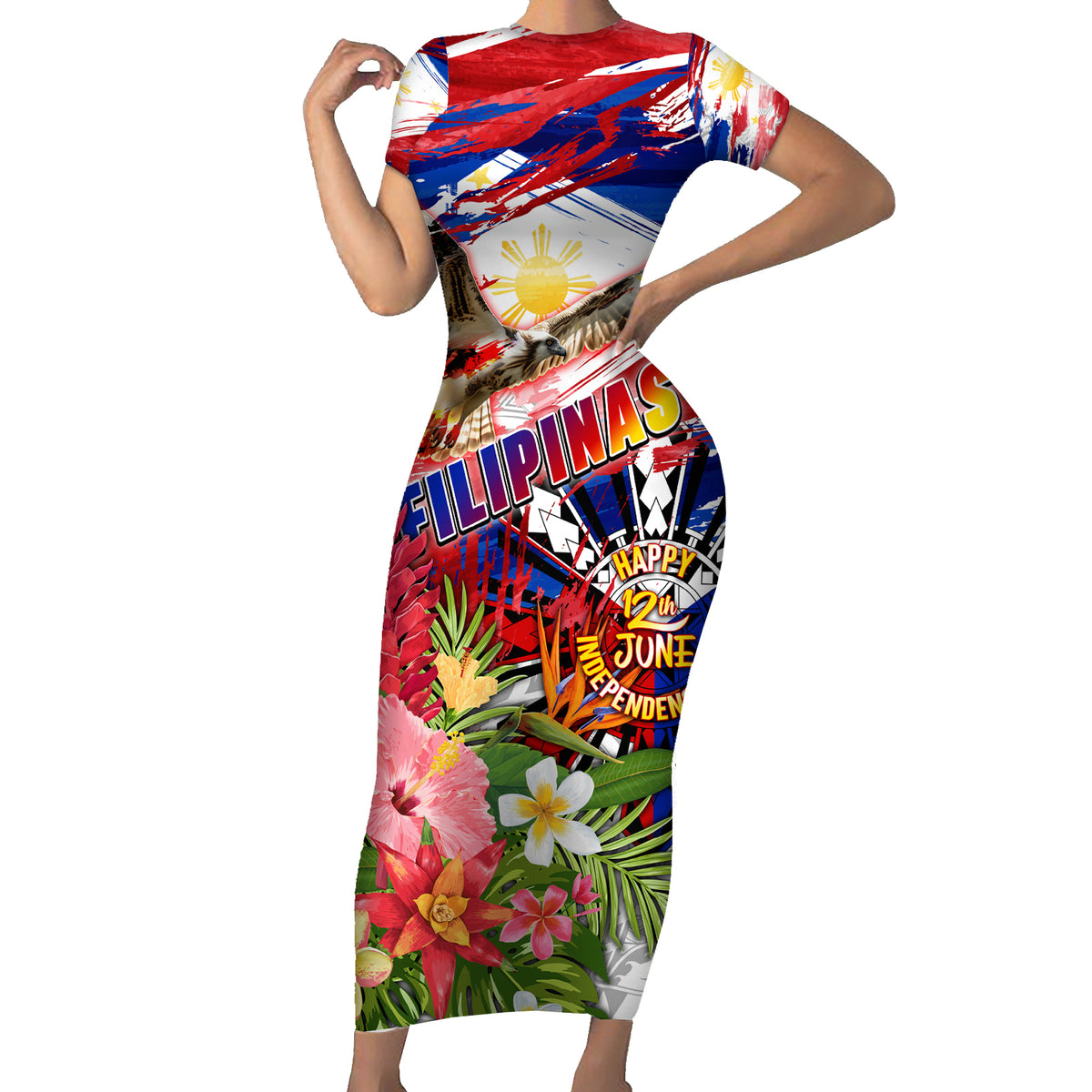 Personalized Philippines Independence Day Short Sleeve Bodycon Dress Polynesia Filipinas Eagle Hibiscus DT02 Long Dress Blue - Polynesian Pride