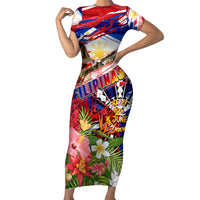 Personalized Philippines Independence Day Short Sleeve Bodycon Dress Polynesia Filipinas Eagle Hibiscus DT02 Long Dress Blue - Polynesian Pride
