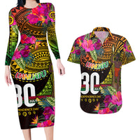 Personalised Vanuatu Independence Day 30 July Couples Matching Long Sleeve Bodycon Dress and Hawaiian Shirt Hibiscus Polynesian Pattern DT02 Yellow - Polynesian Pride