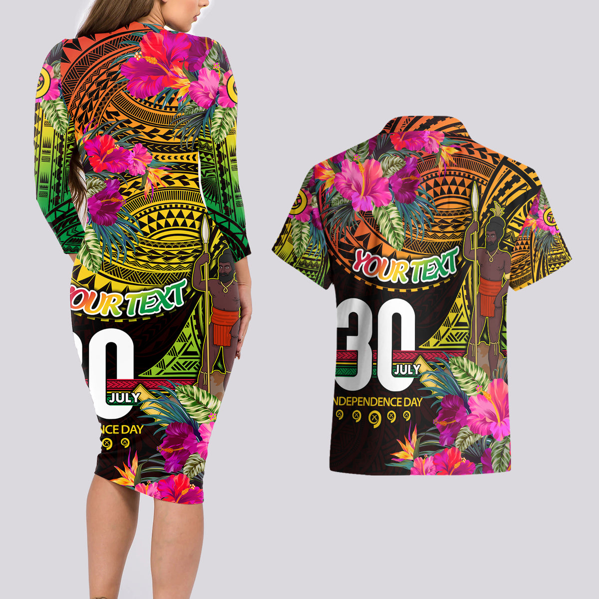 Personalised Vanuatu Independence Day 30 July Couples Matching Long Sleeve Bodycon Dress and Hawaiian Shirt Hibiscus Polynesian Pattern DT02 - Polynesian Pride