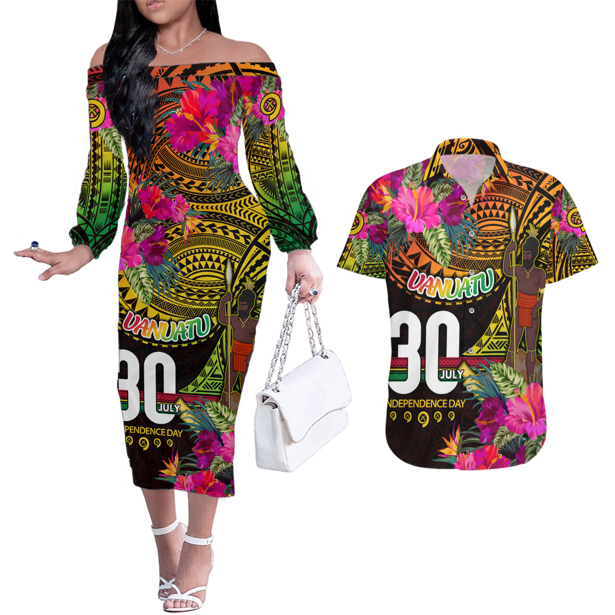 Personalised Vanuatu Independence Day 30 July Couples Matching Off The Shoulder Long Sleeve Dress and Hawaiian Shirt Hibiscus Polynesian Pattern DT02 Yellow - Polynesian Pride