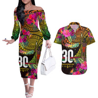 Personalised Vanuatu Independence Day 30 July Couples Matching Off The Shoulder Long Sleeve Dress and Hawaiian Shirt Hibiscus Polynesian Pattern DT02 Yellow - Polynesian Pride