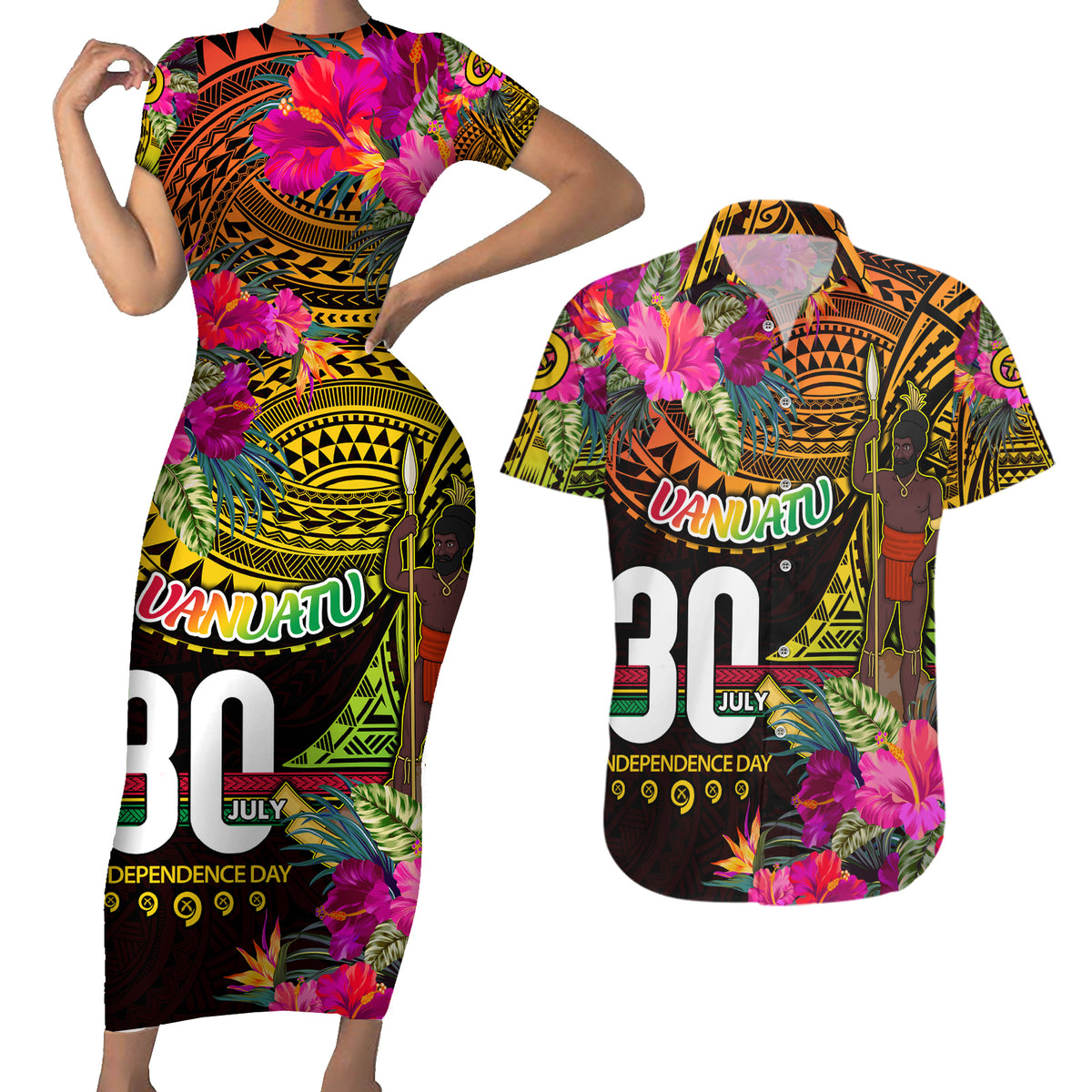Personalised Vanuatu Independence Day 30 July Couples Matching Short Sleeve Bodycon Dress and Hawaiian Shirt Hibiscus Polynesian Pattern DT02 Yellow - Polynesian Pride