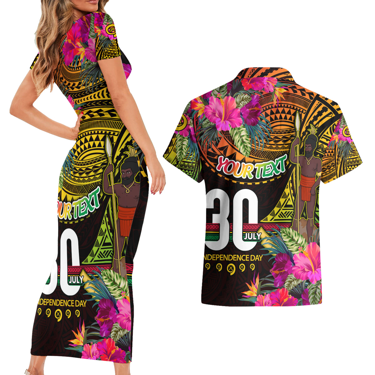 Personalised Vanuatu Independence Day 30 July Couples Matching Short Sleeve Bodycon Dress and Hawaiian Shirt Hibiscus Polynesian Pattern DT02 - Polynesian Pride