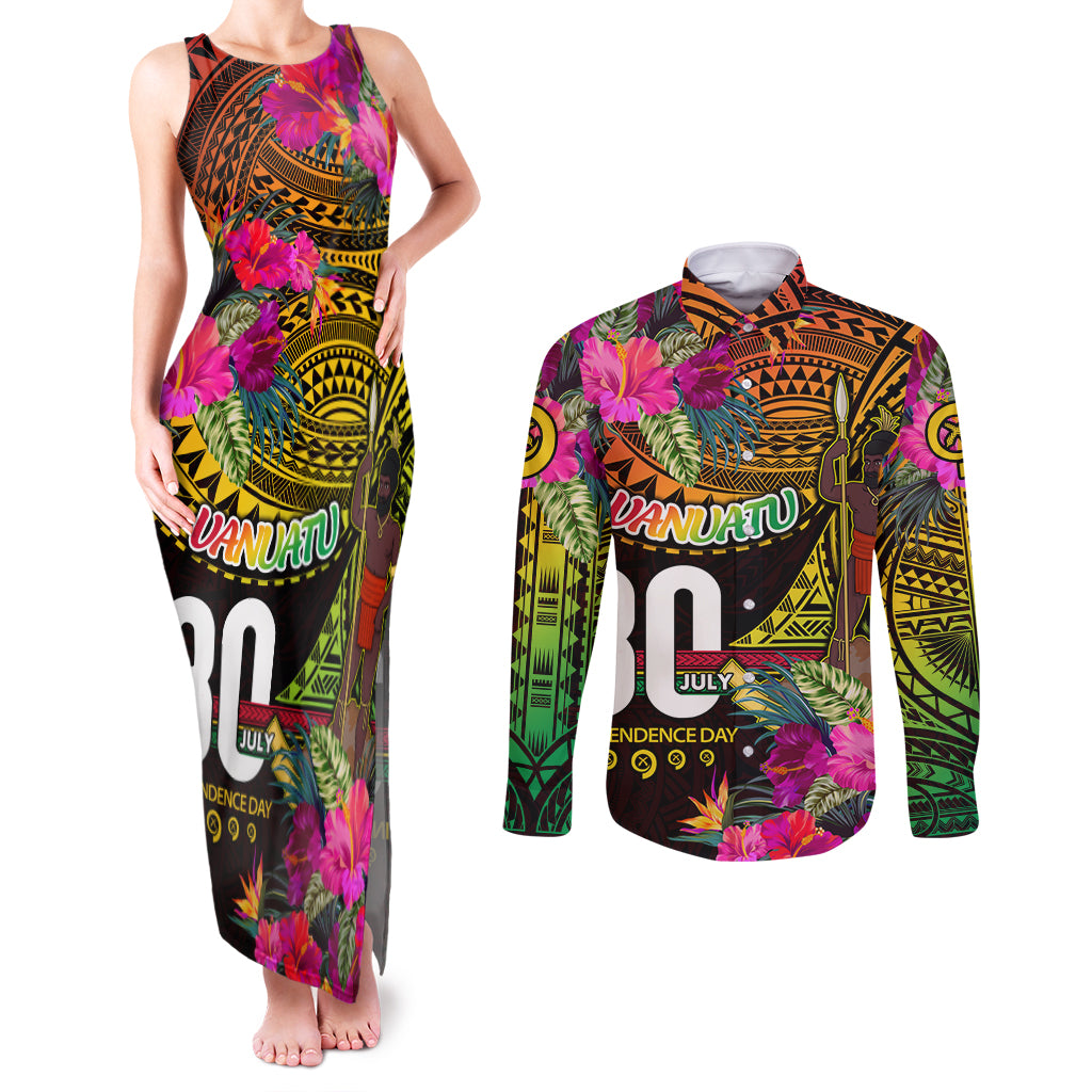 Personalised Vanuatu Independence Day 30 July Couples Matching Tank Maxi Dress and Long Sleeve Button Shirt Hibiscus Polynesian Pattern DT02 Yellow - Polynesian Pride