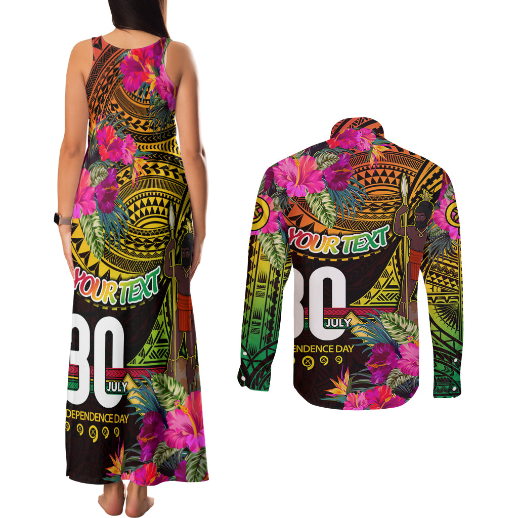 Personalised Vanuatu Independence Day 30 July Couples Matching Tank Maxi Dress and Long Sleeve Button Shirt Hibiscus Polynesian Pattern DT02 - Polynesian Pride