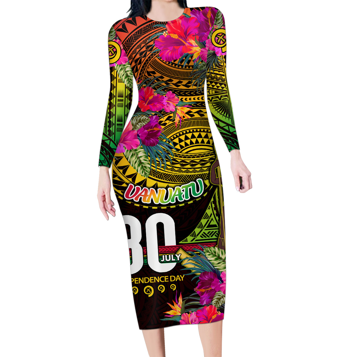 Personalised Vanuatu Independence Day 30 July Family Matching Long Sleeve Bodycon Dress and Hawaiian Shirt Hibiscus Polynesian Pattern DT02 Mom's Dress Yellow - Polynesian Pride