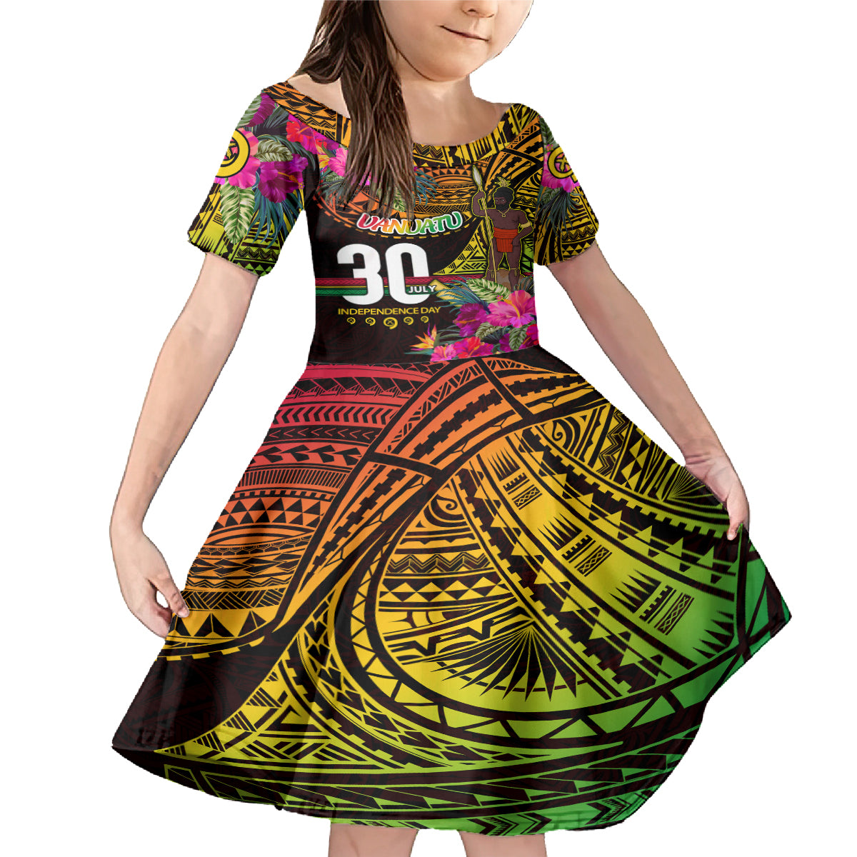 Personalised Vanuatu Independence Day 30 July Family Matching Mermaid Dress and Hawaiian Shirt Hibiscus Polynesian Pattern DT02 Daughter's Dress Yellow - Polynesian Pride