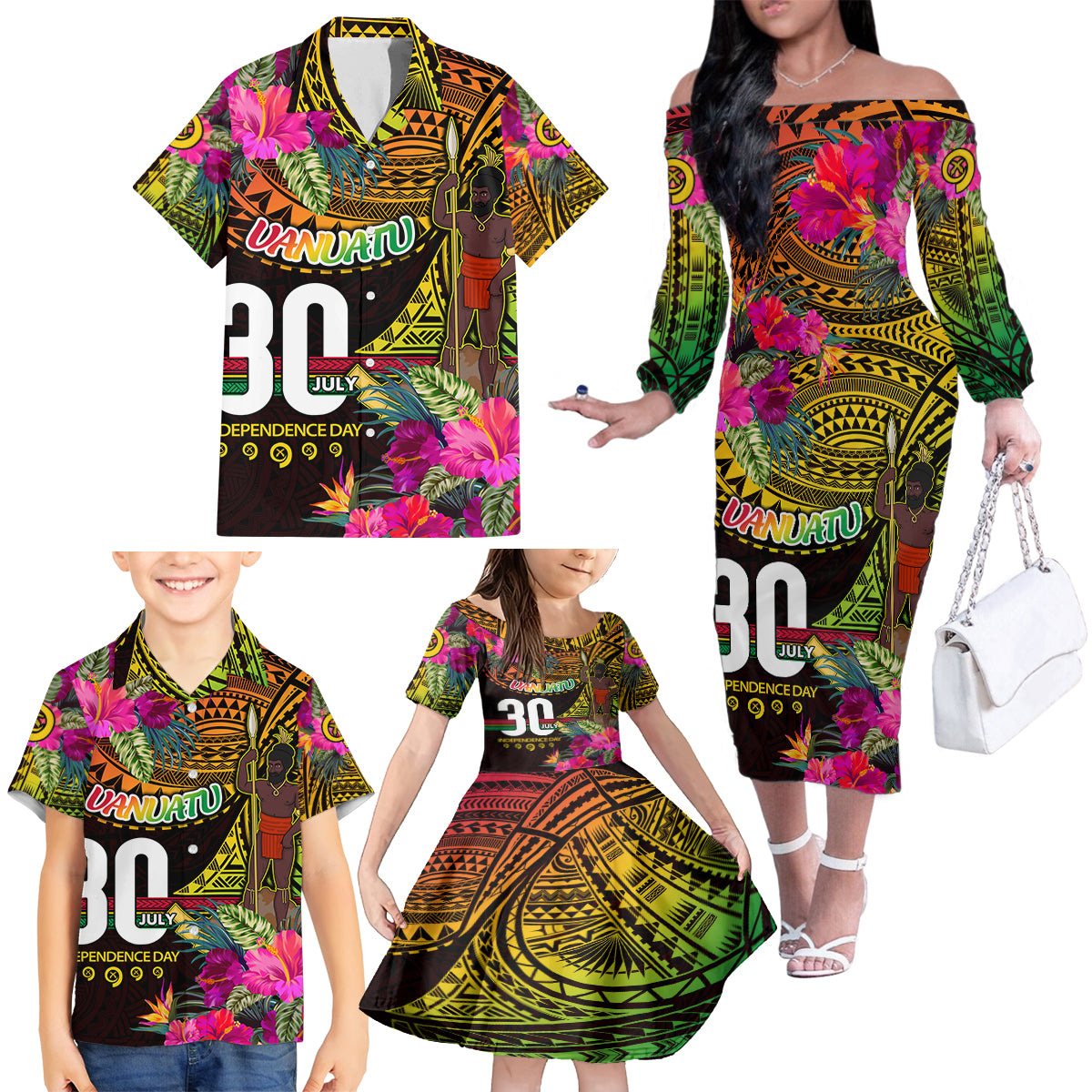 Personalised Vanuatu Independence Day 30 July Family Matching Off The Shoulder Long Sleeve Dress and Hawaiian Shirt Hibiscus Polynesian Pattern DT02 - Polynesian Pride