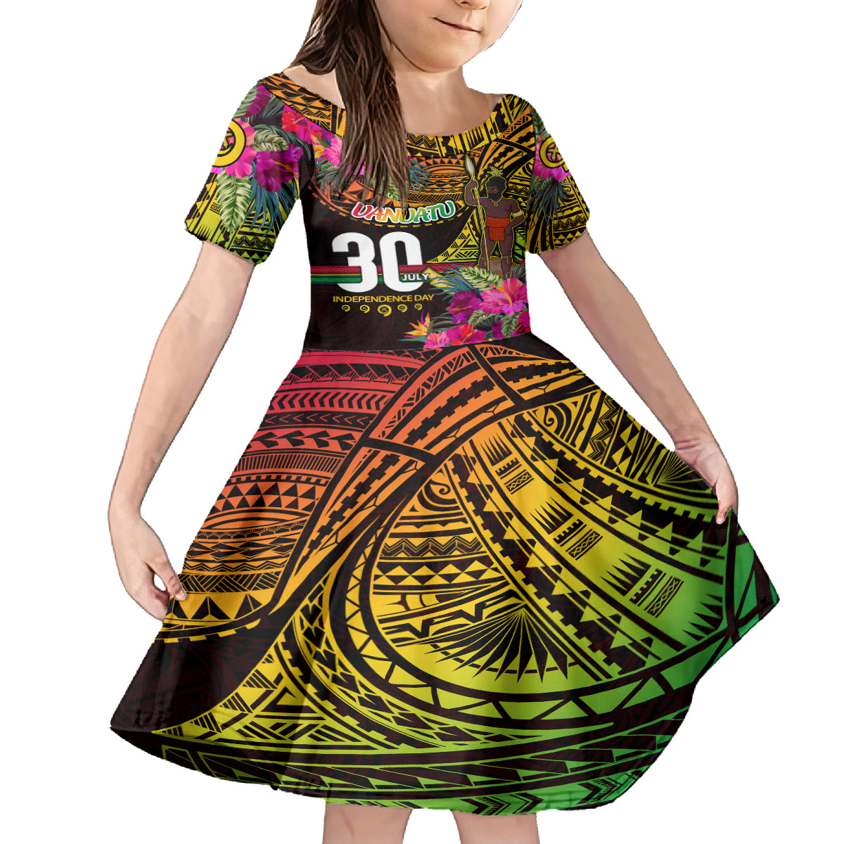 Personalised Vanuatu Independence Day 30 July Family Matching Off Shoulder Maxi Dress and Hawaiian Shirt Hibiscus Polynesian Pattern DT02 Daughter's Dress Yellow - Polynesian Pride
