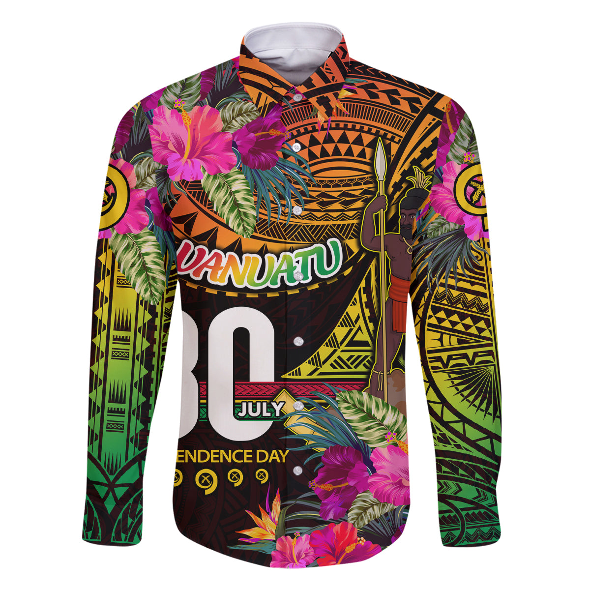 Personalised Vanuatu Independence Day 30 July Family Matching Off Shoulder Maxi Dress and Hawaiian Shirt Hibiscus Polynesian Pattern DT02 Dad's Shirt - Long Sleeve Yellow - Polynesian Pride