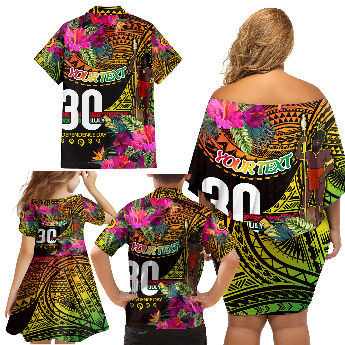 Personalised Vanuatu Independence Day 30 July Family Matching Off Shoulder Short Dress and Hawaiian Shirt Hibiscus Polynesian Pattern DT02 - Polynesian Pride