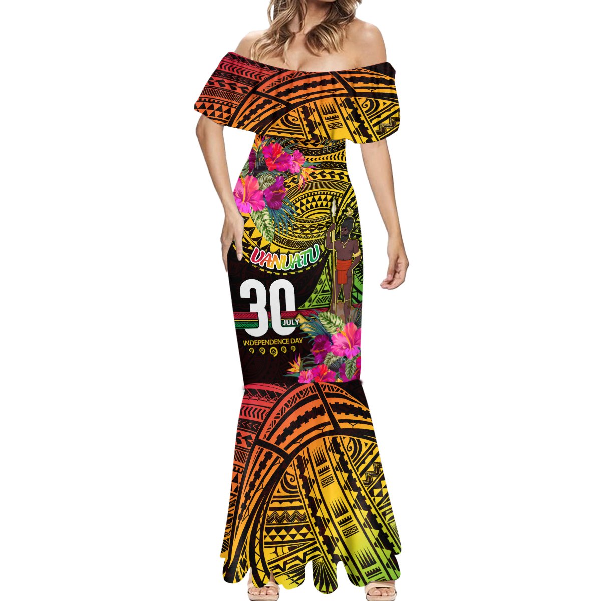 Personalised Vanuatu Independence Day 30 July Mermaid Dress Hibiscus Polynesian Pattern