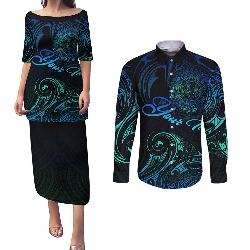 Sea Animal Polynesia Couples Matching Puletasi and Long Sleeve Button Shirt Polynesian Pattern DT02 Black - Polynesian Pride
