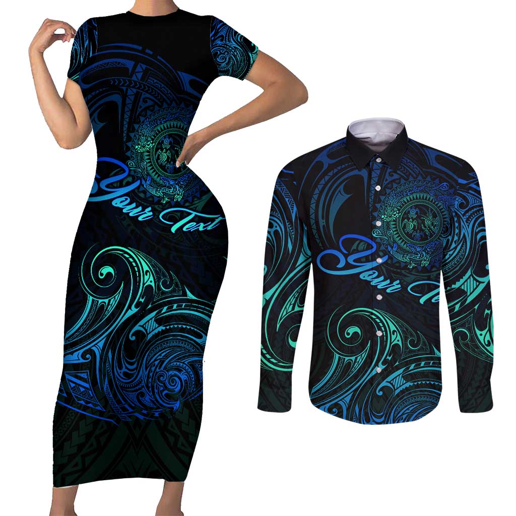 Sea Animal Polynesia Couples Matching Short Sleeve Bodycon Dress and Long Sleeve Button Shirt Polynesian Pattern