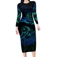 Sea Animal Polynesia Family Matching Long Sleeve Bodycon Dress and Hawaiian Shirt Polynesian Pattern DT02 Mom's Dress Black - Polynesian Pride
