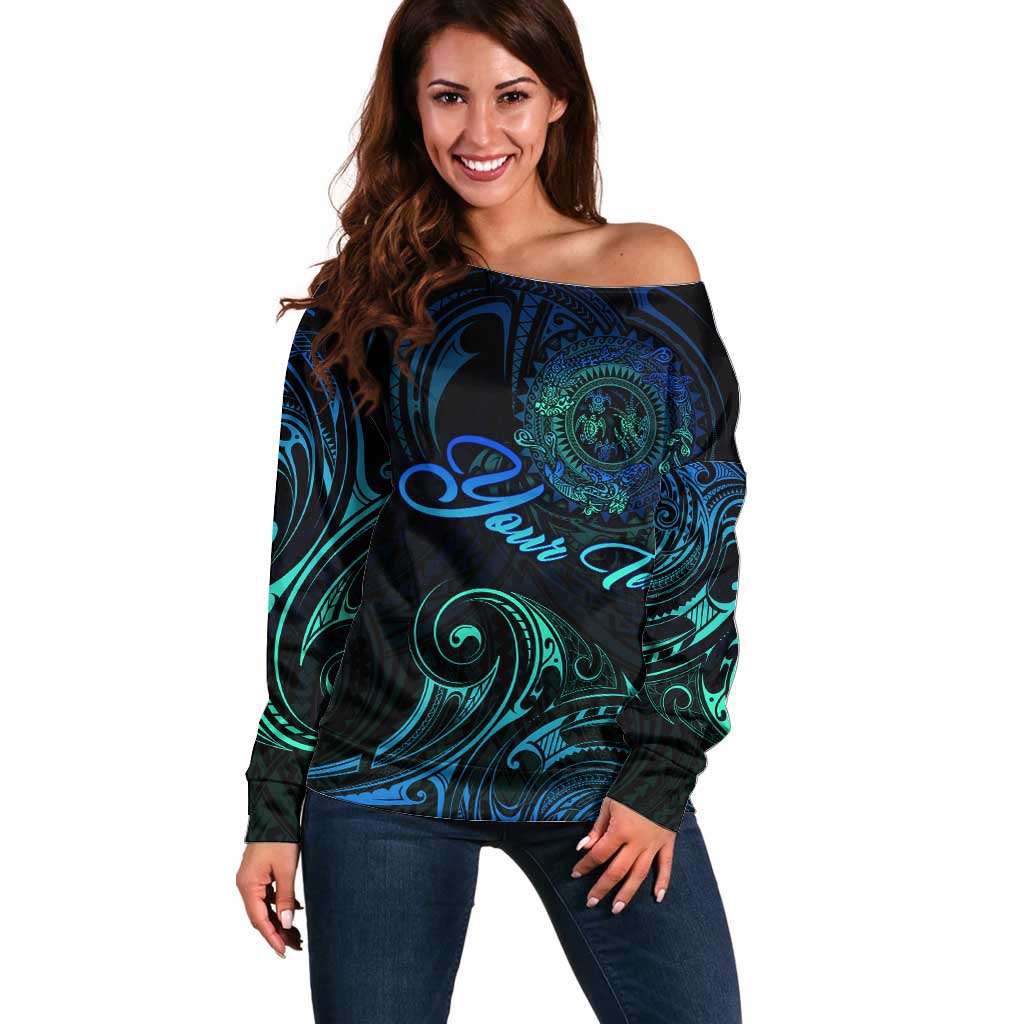 Sea Animal Polynesia Off Shoulder Sweater Polynesian Pattern DT02 Women Black - Polynesian Pride