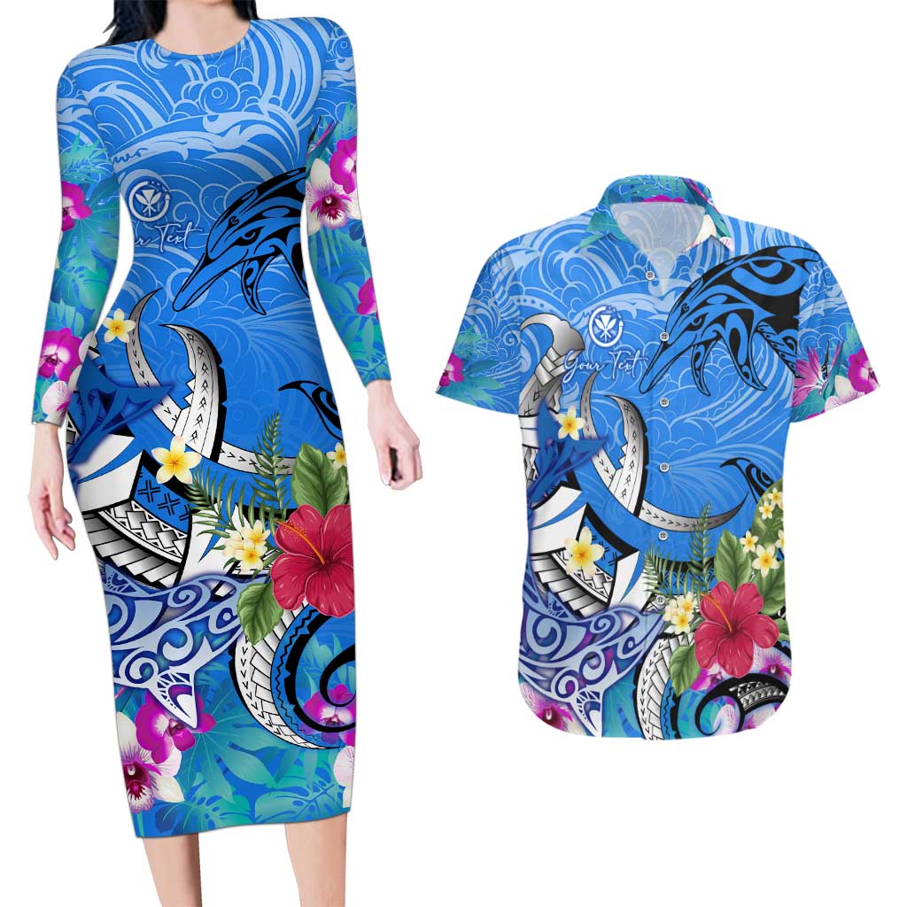 Aloha Hawaii Couples Matching Long Sleeve Bodycon Dress and Hawaiian Shirt Dolphins and Fish Hook Hibiscus DT02 Blue - Polynesian Pride