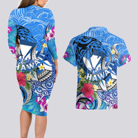 Aloha Hawaii Couples Matching Long Sleeve Bodycon Dress and Hawaiian Shirt Dolphins and Fish Hook Hibiscus DT02 - Polynesian Pride