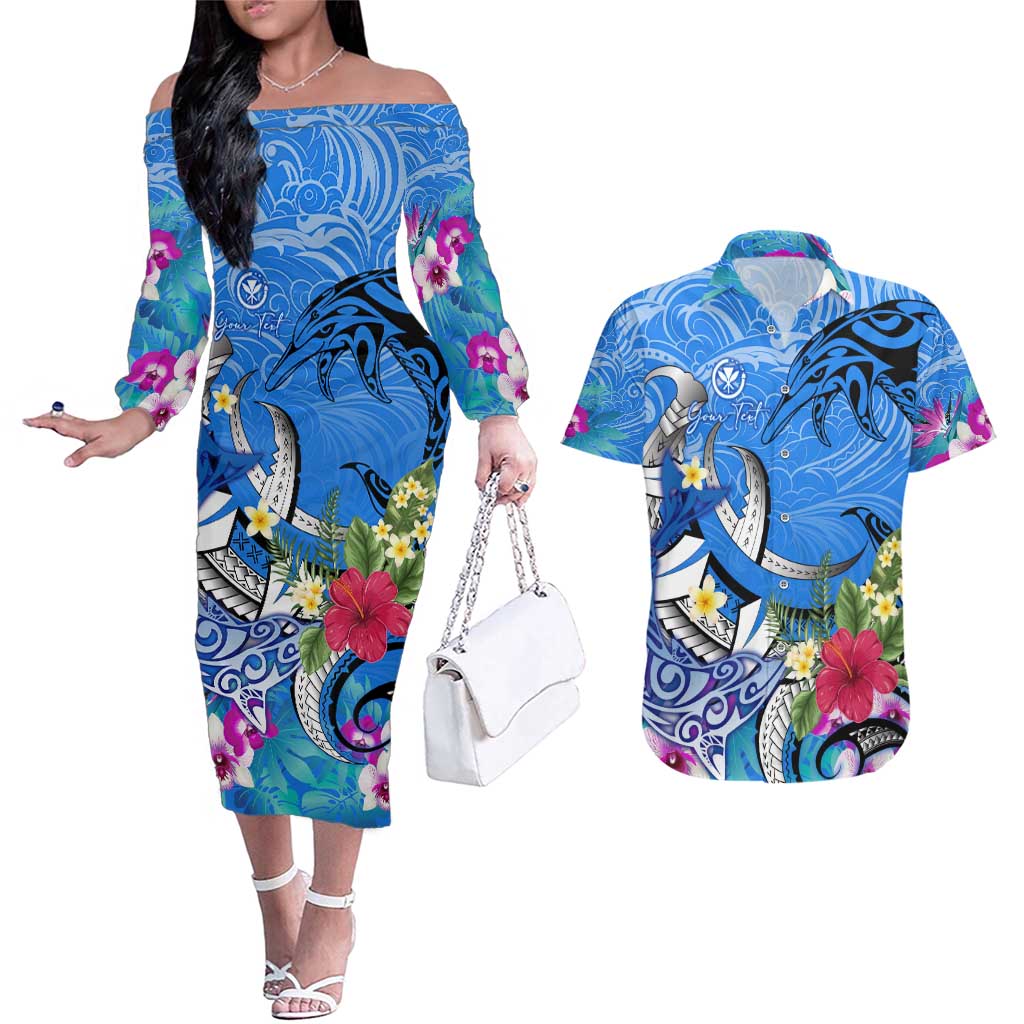Aloha Hawaii Couples Matching Off The Shoulder Long Sleeve Dress and Hawaiian Shirt Dolphins and Fish Hook Hibiscus DT02 Blue - Polynesian Pride