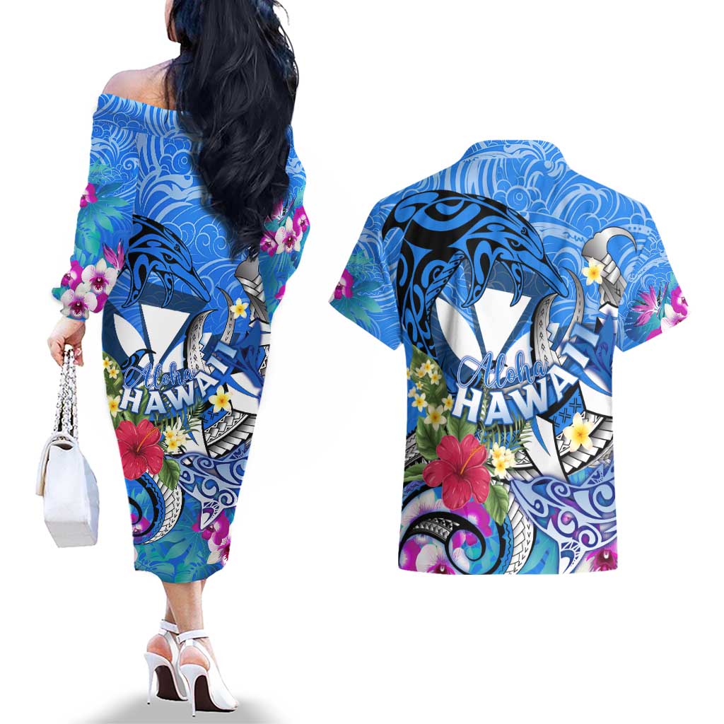 Aloha Hawaii Couples Matching Off The Shoulder Long Sleeve Dress and Hawaiian Shirt Dolphins and Fish Hook Hibiscus DT02 - Polynesian Pride