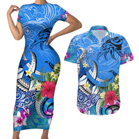 Aloha Hawaii Couples Matching Short Sleeve Bodycon Dress and Hawaiian Shirt Dolphins and Fish Hook Hibiscus DT02 Blue - Polynesian Pride