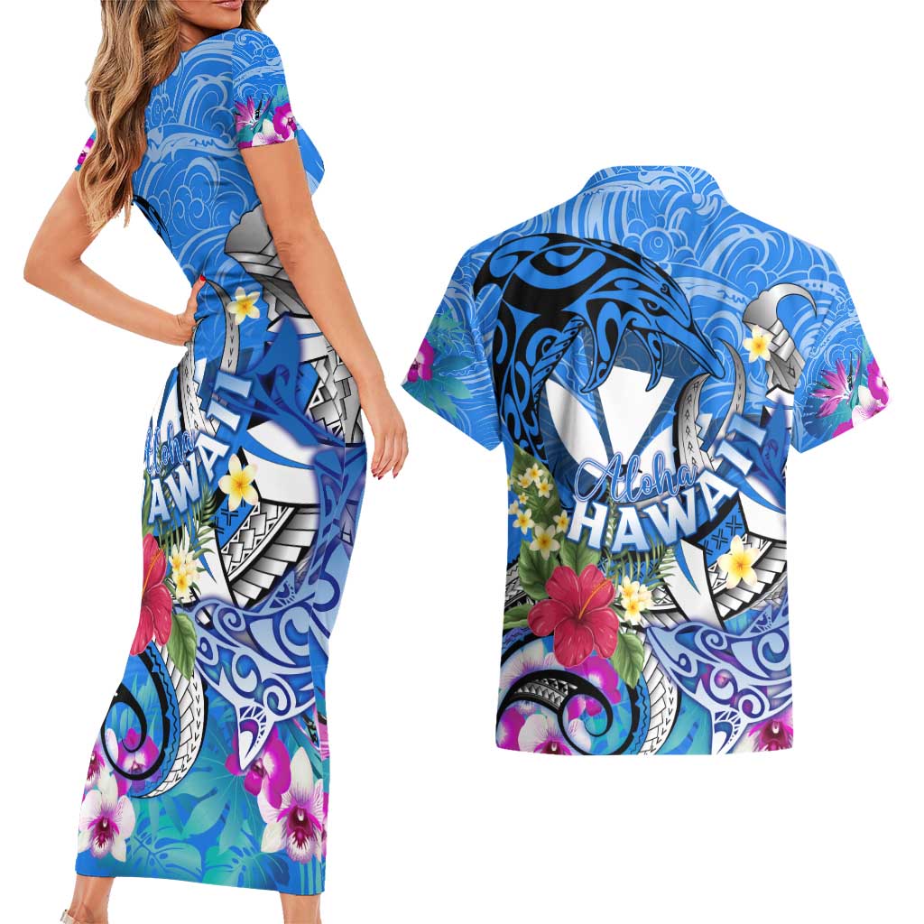Aloha Hawaii Couples Matching Short Sleeve Bodycon Dress and Hawaiian Shirt Dolphins and Fish Hook Hibiscus DT02 - Polynesian Pride
