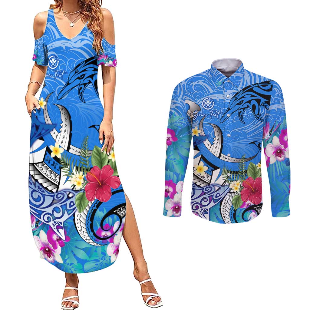 Aloha Hawaii Couples Matching Summer Maxi Dress and Long Sleeve Button Shirt Dolphins and Fish Hook Hibiscus DT02 Blue - Polynesian Pride