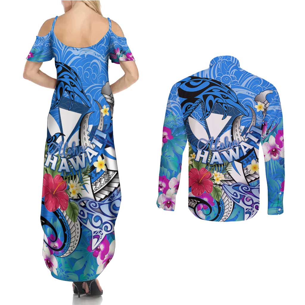 Aloha Hawaii Couples Matching Summer Maxi Dress and Long Sleeve Button Shirt Dolphins and Fish Hook Hibiscus DT02 - Polynesian Pride