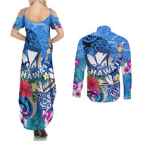 Aloha Hawaii Couples Matching Summer Maxi Dress and Long Sleeve Button Shirt Dolphins and Fish Hook Hibiscus DT02 - Polynesian Pride
