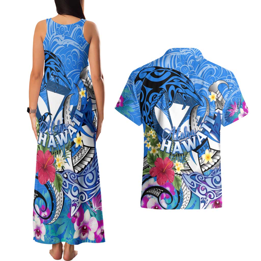 Aloha Hawaii Couples Matching Tank Maxi Dress and Hawaiian Shirt Dolphins and Fish Hook Hibiscus