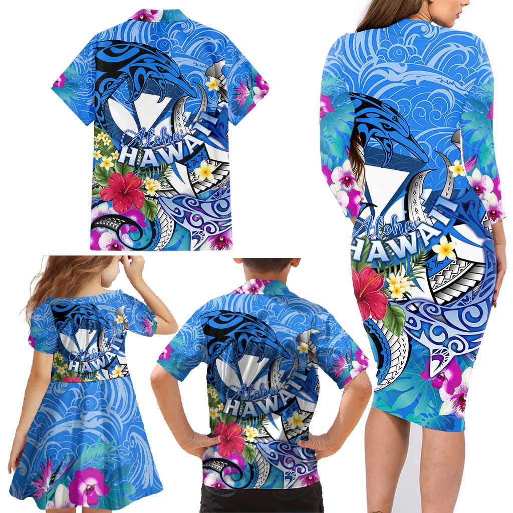Aloha Hawaii Family Matching Long Sleeve Bodycon Dress and Hawaiian Shirt Dolphins and Fish Hook Hibiscus DT02 - Polynesian Pride