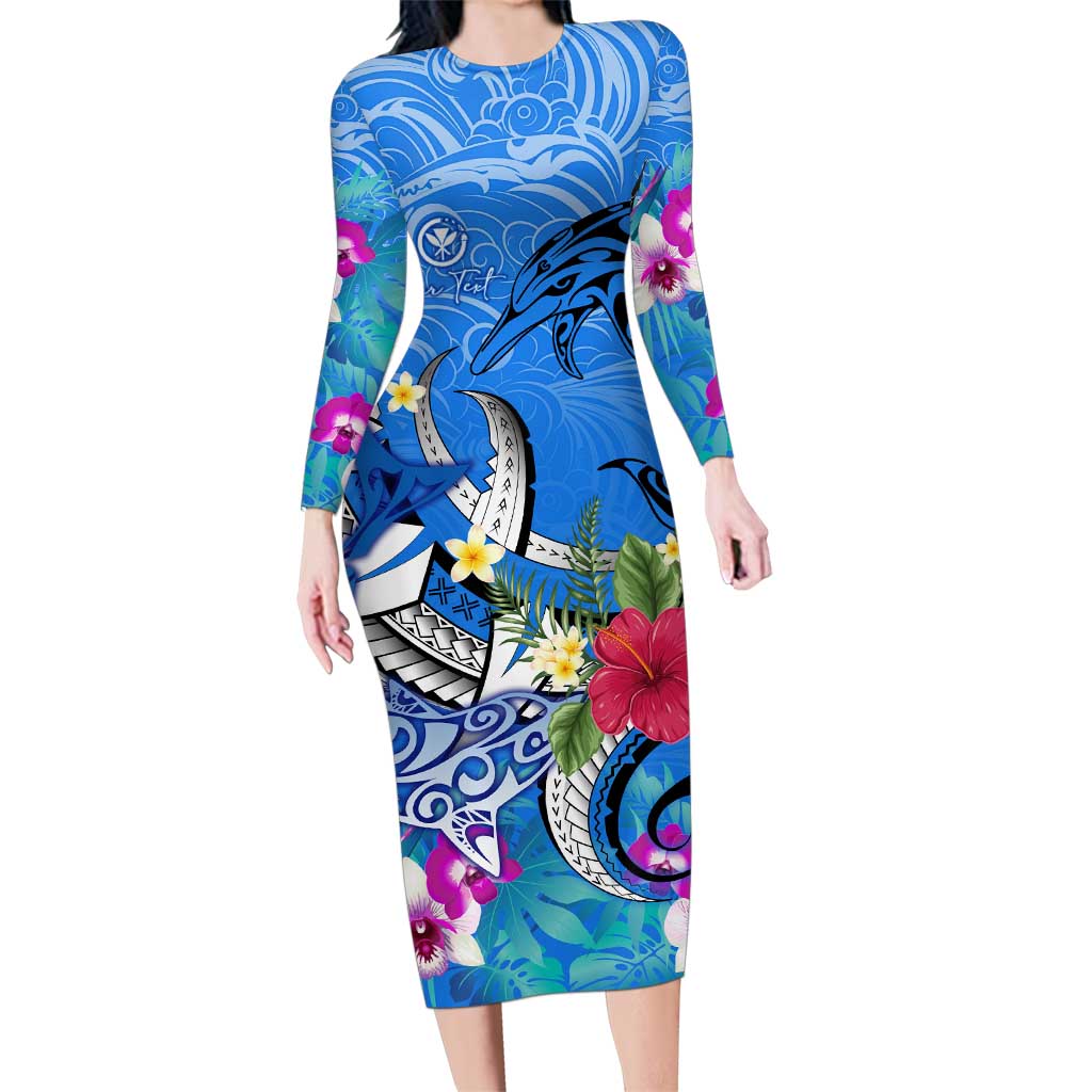 Aloha Hawaii Family Matching Long Sleeve Bodycon Dress and Hawaiian Shirt Dolphins and Fish Hook Hibiscus DT02 Mom's Dress Blue - Polynesian Pride