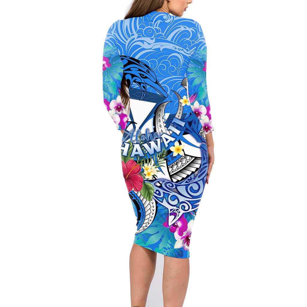 Aloha Hawaii Family Matching Long Sleeve Bodycon Dress and Hawaiian Shirt Dolphins and Fish Hook Hibiscus DT02 - Polynesian Pride