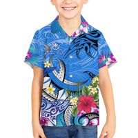 Aloha Hawaii Family Matching Long Sleeve Bodycon Dress and Hawaiian Shirt Dolphins and Fish Hook Hibiscus DT02 Son's Shirt Blue - Polynesian Pride