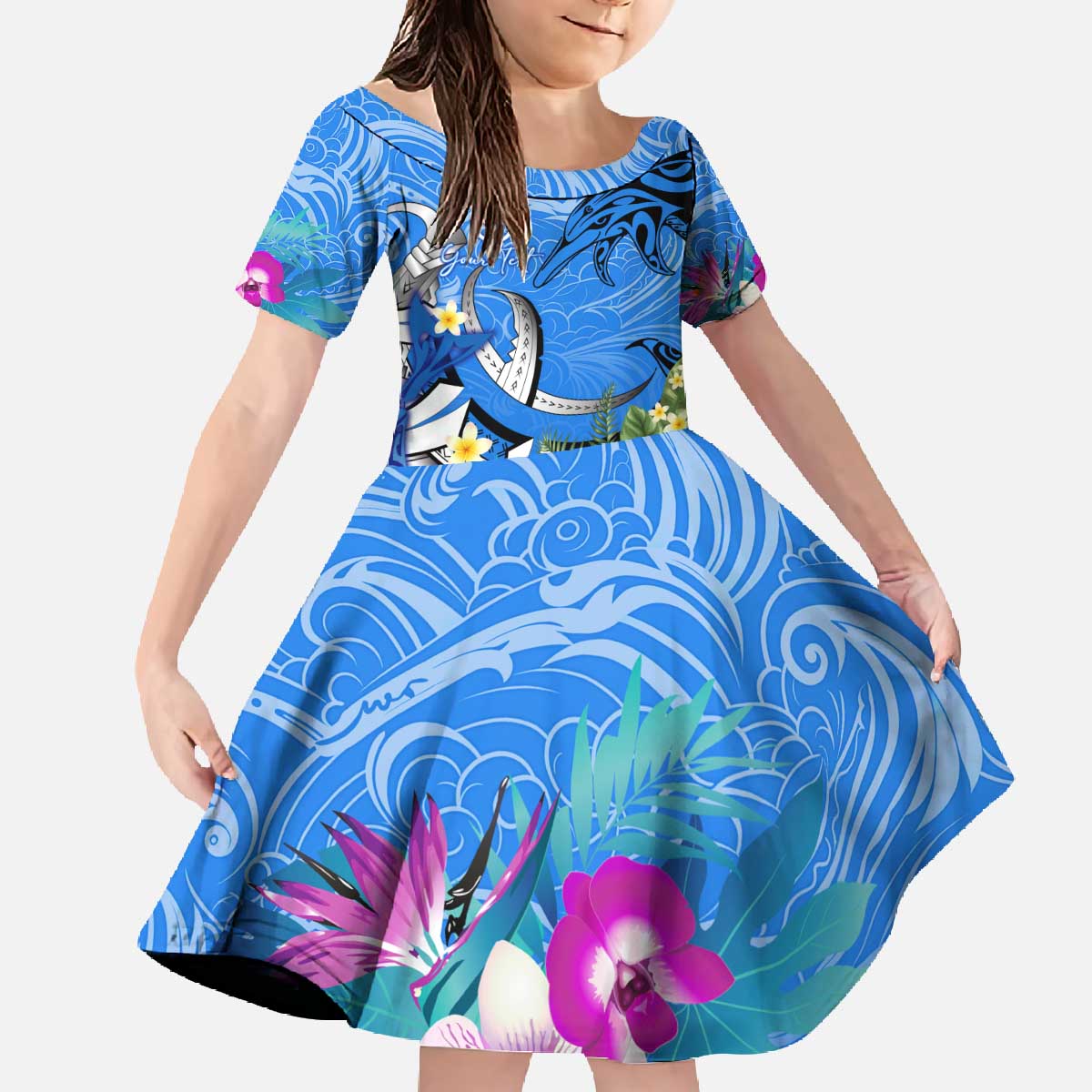 Aloha Hawaii Family Matching Off The Shoulder Long Sleeve Dress and Hawaiian Shirt Dolphins and Fish Hook Hibiscus DT02 Daughter's Dress Blue - Polynesian Pride