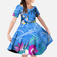 Aloha Hawaii Family Matching Off The Shoulder Long Sleeve Dress and Hawaiian Shirt Dolphins and Fish Hook Hibiscus DT02 Daughter's Dress Blue - Polynesian Pride