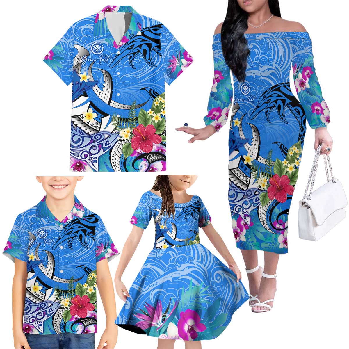 Aloha Hawaii Family Matching Off The Shoulder Long Sleeve Dress and Hawaiian Shirt Dolphins and Fish Hook Hibiscus DT02 - Polynesian Pride